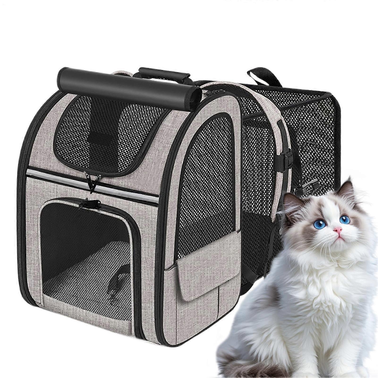 Foldable, breathable cat travel backpack with extendable bowls – pet carrier for car trips, hiking in gray