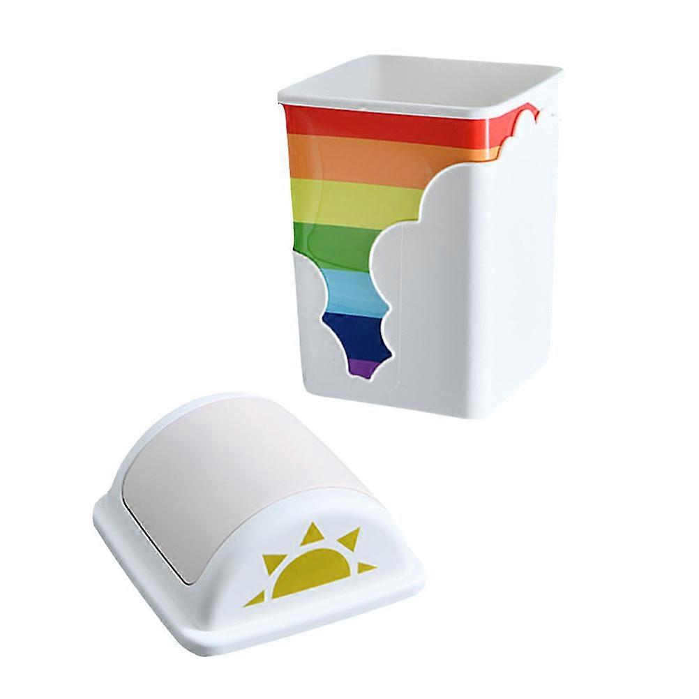 Rainbow Pattern Lidded Trash Can Waste Bin for Bedroom Kitchen Office Home Use
