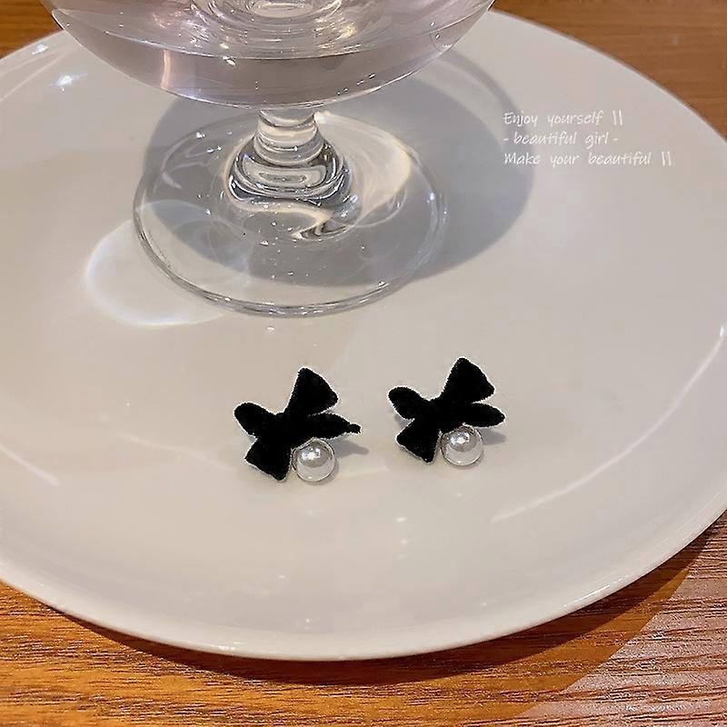 Bow Earrings Velvet Pearl 925 Silver Needle Flocking Dangle