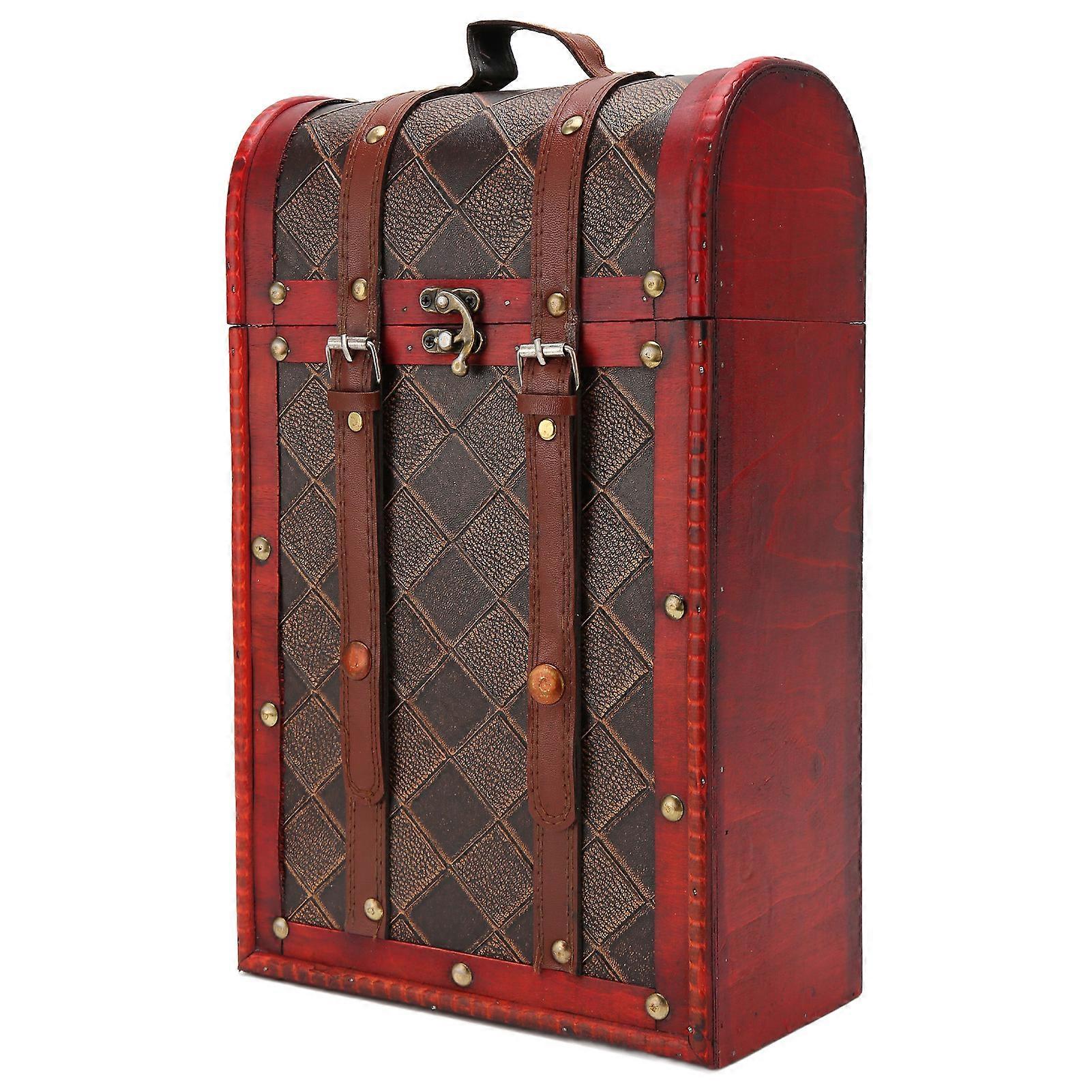 Vintage 2 Bottle Wine Box Faux Leather Checkered Pattern Retro Wooden Decorative Wine Box for Gift