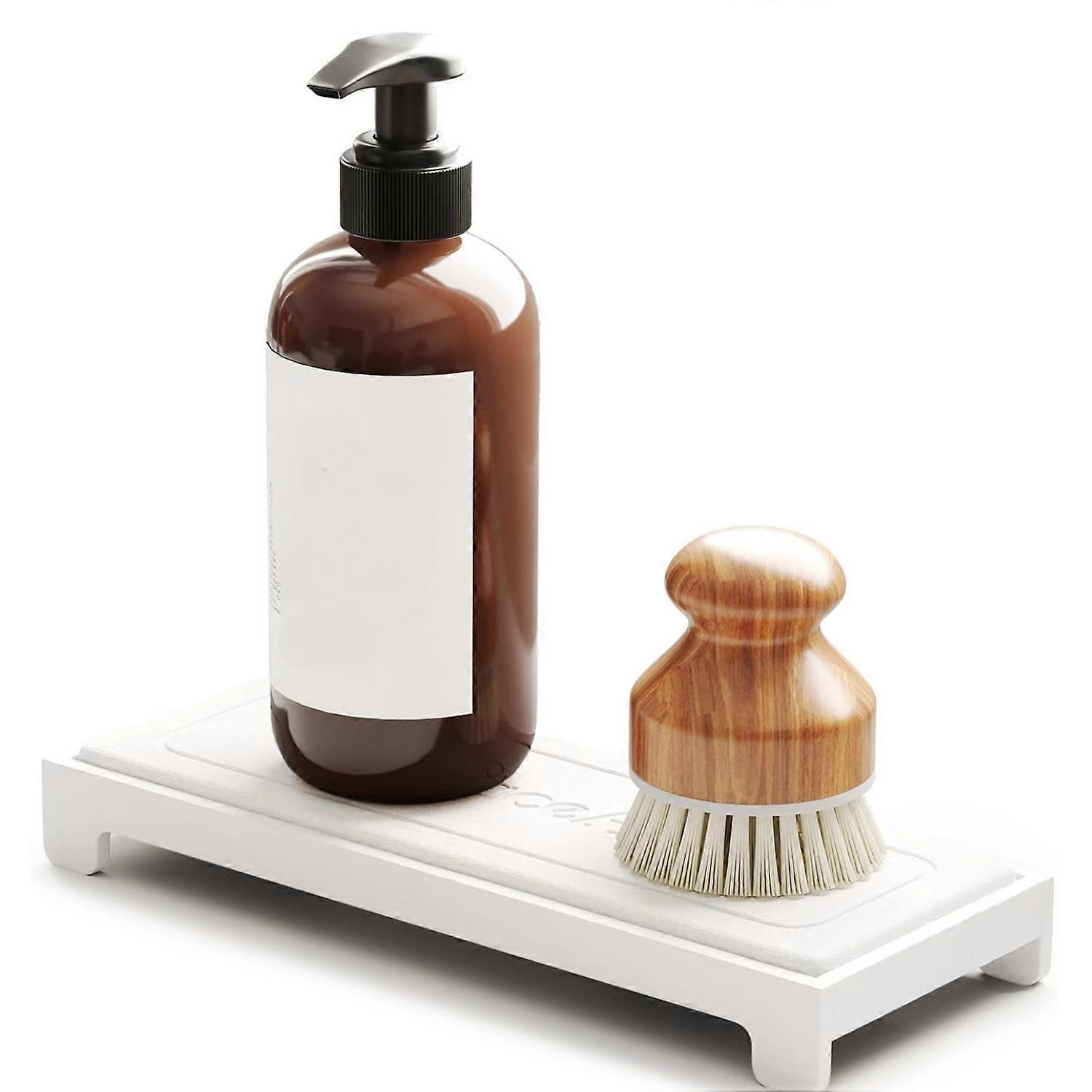 Bamboo & Stone Bathroom Organizer Tray, Rustic Vanity Countertop Caddy for Lotion, Soap, Brushes & Toiletries