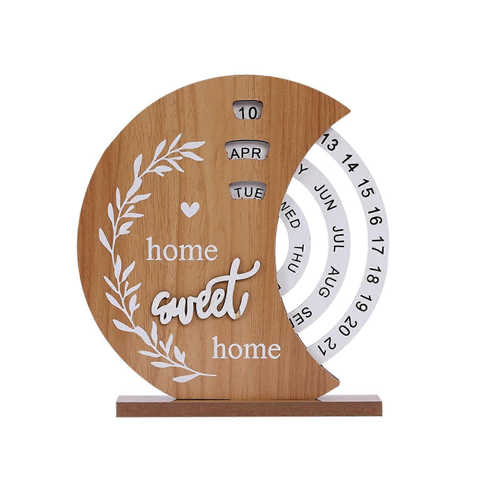 Perpetual Wooden Calendar Desk Calendar For Standing With Rotating Moon Discs Reusable Time Cards Moon Phase