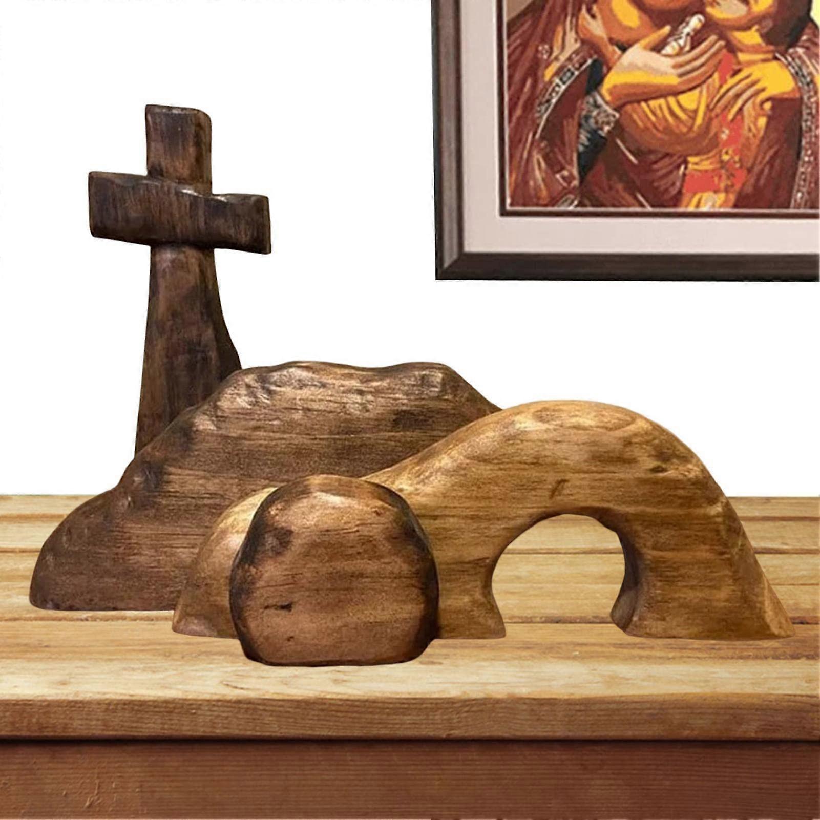 Easter Resurrection Scene Wooden Jesus Nativity Scene Cross Empty Grave Statue Set Resurrection Scene Gift For Home Office Desktop