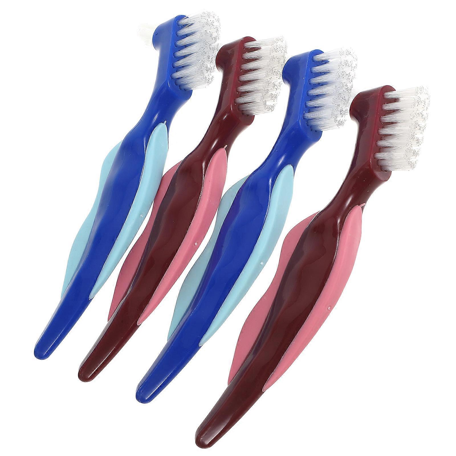 4 Pack Double Sided Denture Cleaner Brushes for Adults – Portable Travel Toothbrush with Non Deform Bristles for False Teeth &