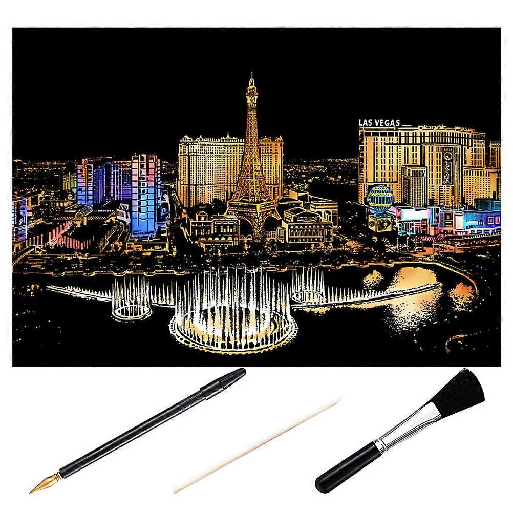 Diy Kit Las Scene Scratchboard Set with Bamboo Stick and Gold Plated Pen for Creative Home Decor and Fun Craft Projects