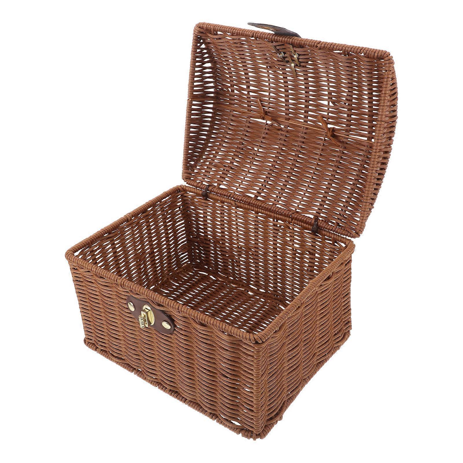 Rattan Style Mahjong Storage Box with Lid, Rectangular Boho Design, Vintage Inspired Decorative Basket for Mahjong Tiles and Home Organization