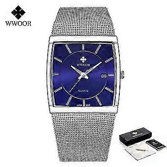 Wwoor Watch Men Kwadratowa siatka ze stali kwarcowej Wodoodporne sportowe automatyczne zegarki na rękę Relogio Masculino srebrne niebieskie pudełko