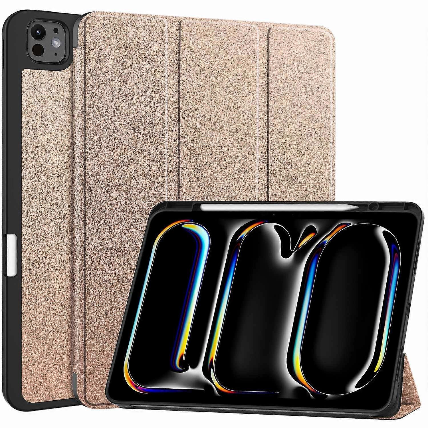 For iPad Pro 13 (2024) Stand Case Shock-Absorbent Leather Tablet Cover with Pen Slot - Rose Gold