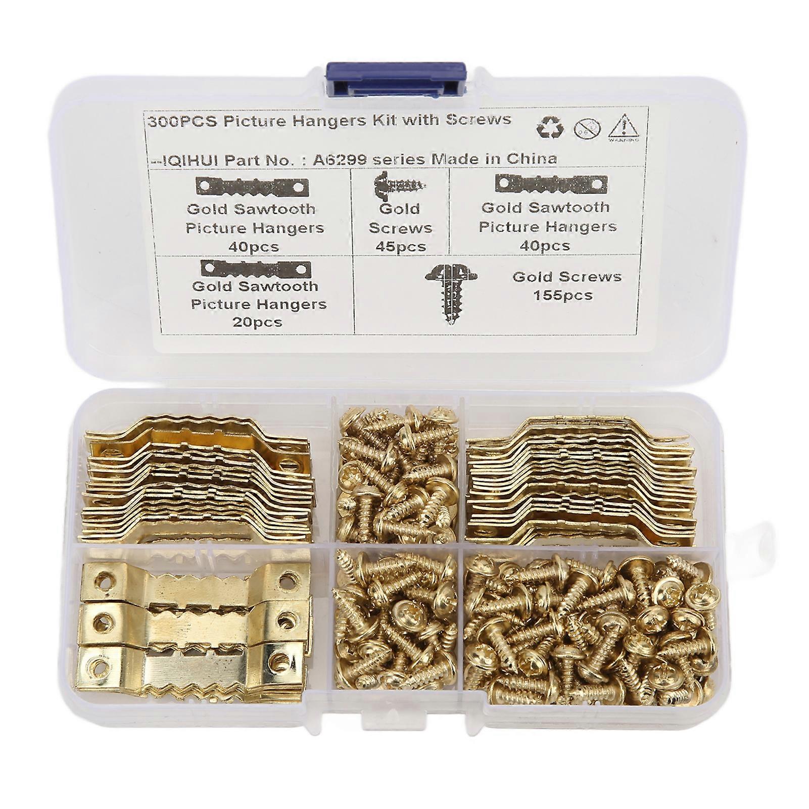 100Pcs Sawtooth Picture Hangers Rust Resistant Stable Durable Seamless Sawtooh Frame Hanging Hooks with 200Pcs ScrewsGold 