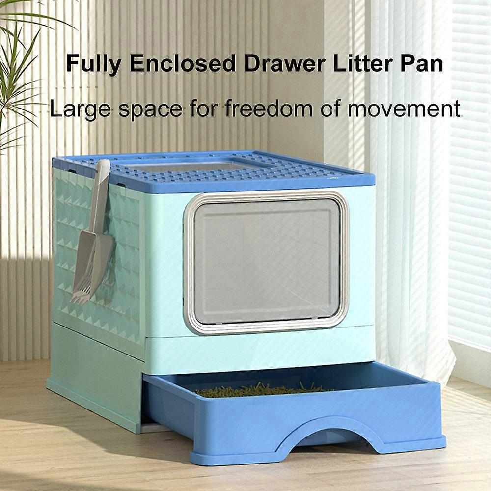 Extra Large 52x39x39cm Folding Enclosed Cat Litter Box, Blue