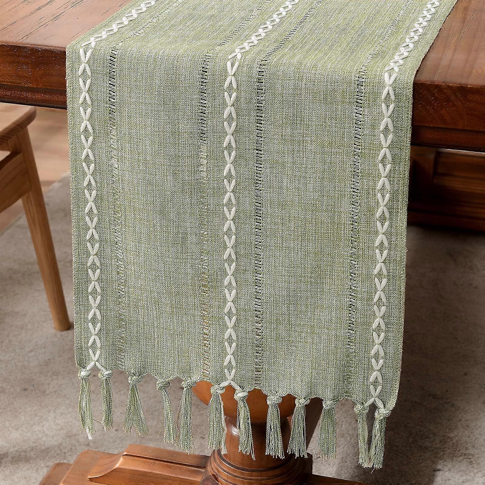 Linen Table Runner Farmhouse Rustic Table Runners with Tassels for Dining Kitchen Coffee Party Dresser Decoration Lvory Green