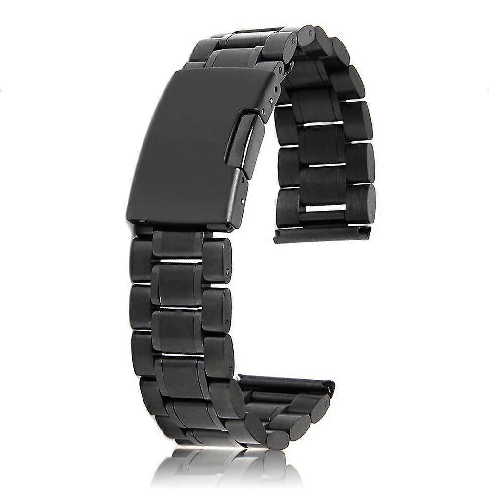 Black Stainless Steel Watch Band Solid Links with Foldover Clasp 2Pcs