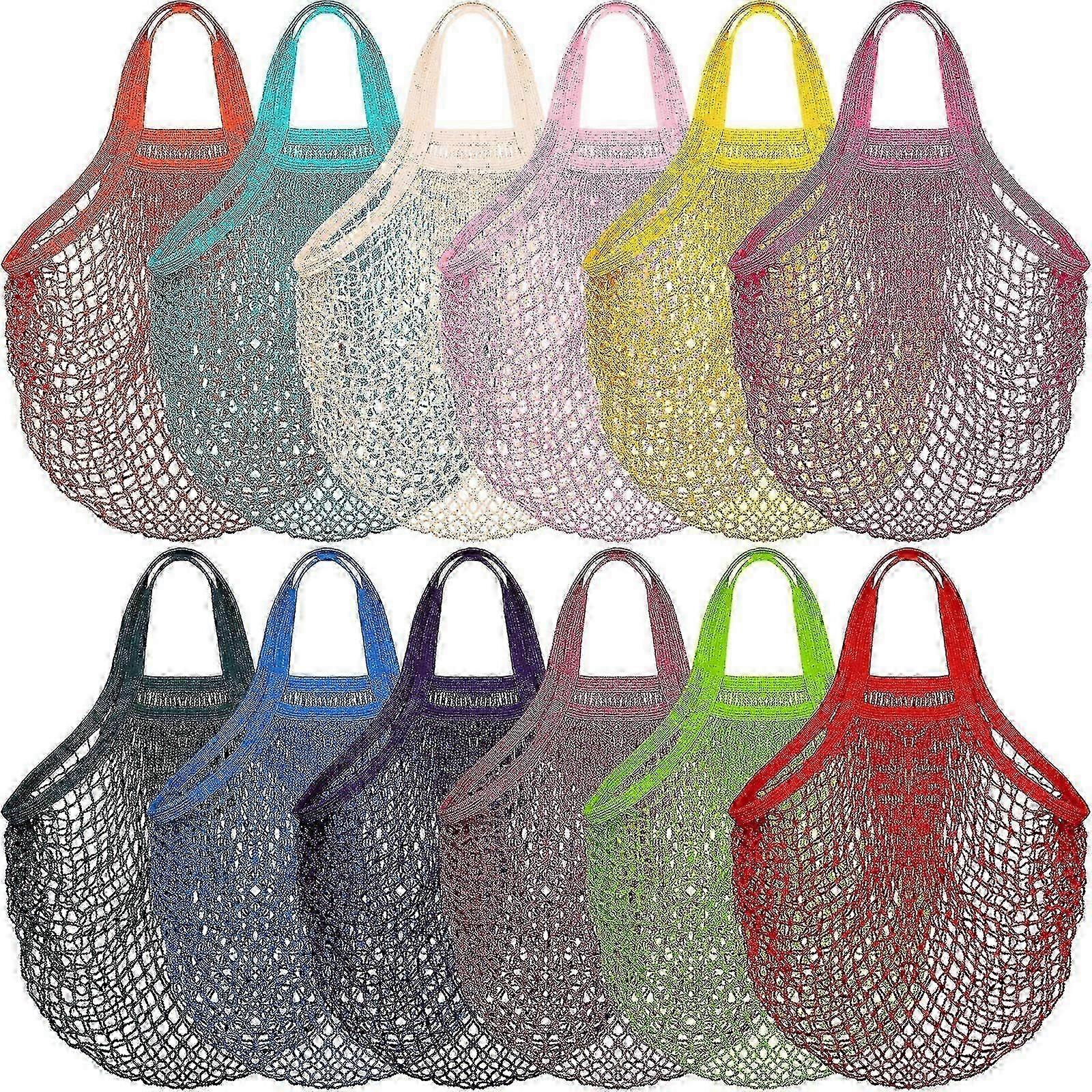 12 Paket Yeniden Kullanılabilir Örgü Bakkal Torbaları Tığ İşi Pazar Çantası Pamuklu Mutfak Fileli Bez Çanta