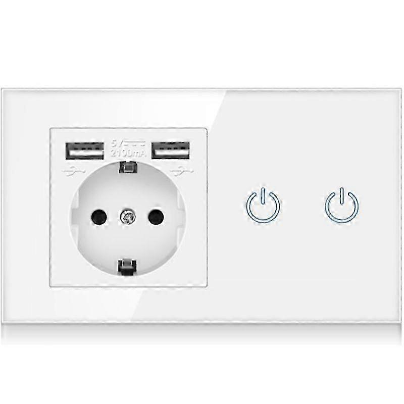 LED Light Touch Double Switch, EU Power Outlet Socket, 2 USB Charger, Glass Panel German Wall Electrical Socket 26s