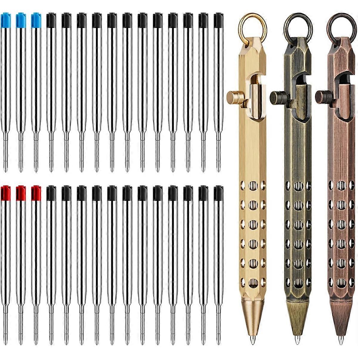 3Pack Bolt Action Pen Set, Hexagonal Solid Brass Pocket Pen with 30 Ballpoint Refills A