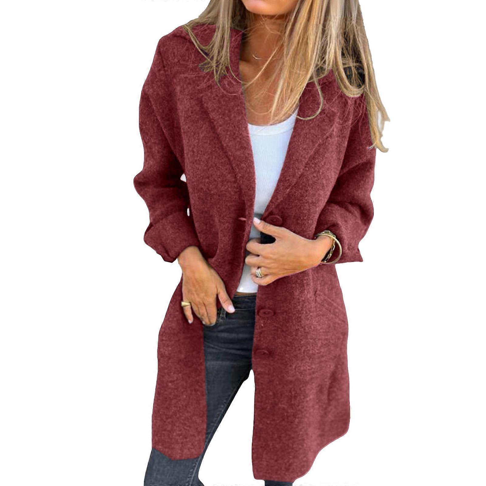 Women’s Lapel Design Winter Jacket Long Sleeve Wool Blend Coat Open Front Comfortable Fall Outerwear  Burgundy XL