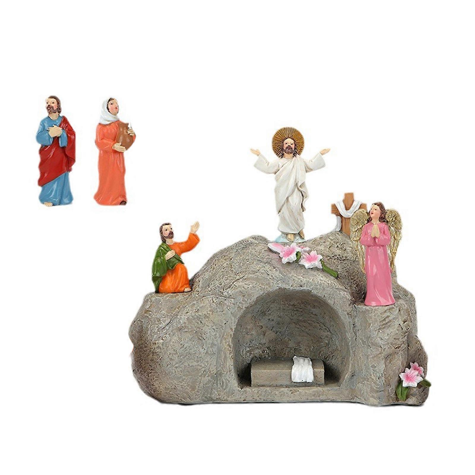 LED Lighted Resurrection Scene Figurines Set for Home Ornamentation Easters Scene Resins Statues Ornaments for Tabletop Multicolor