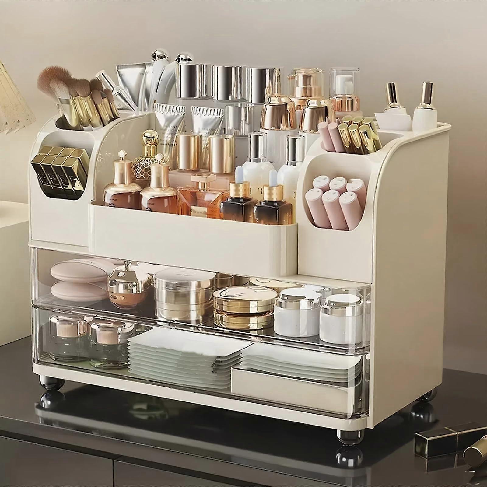 Makeup Organizer with Drawers, Large Capacity Vanity Storage Box, 6 Brush Holders, Beige