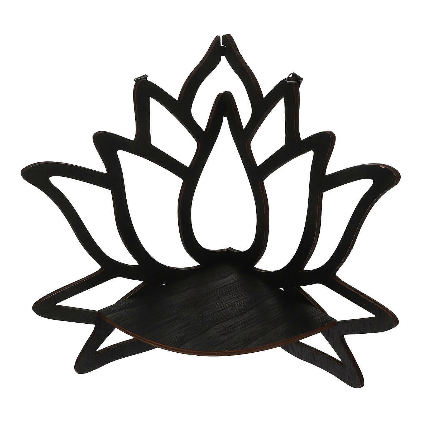 Black Wooden Corner Shelf for Decoration with Lotus Design and Hollow Pattern Fits Various Styles