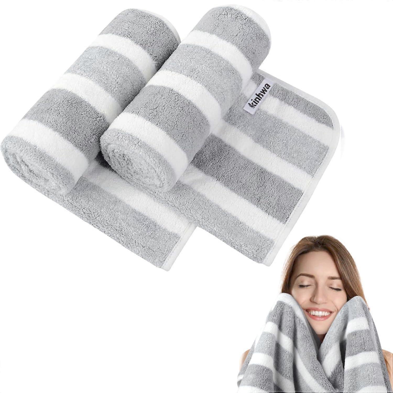 Microfiber Hand Towels Bathroom Super Soft Quick Absorbent Large 16x30 Gray Stripe 2 Pack