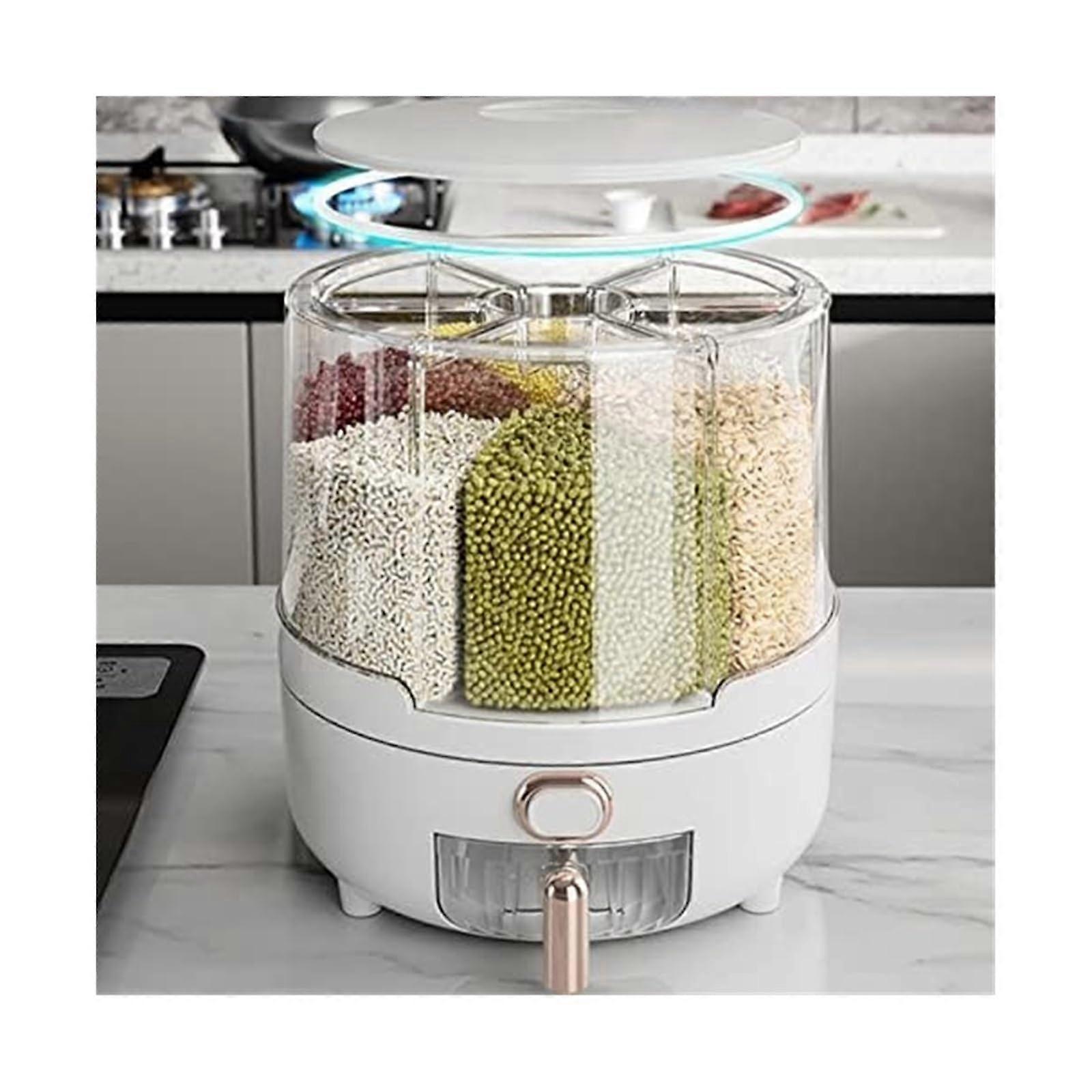 Rice Dispenser with 360° Rotation, MultiCompartment Grain Storage Box for Rice and Beans