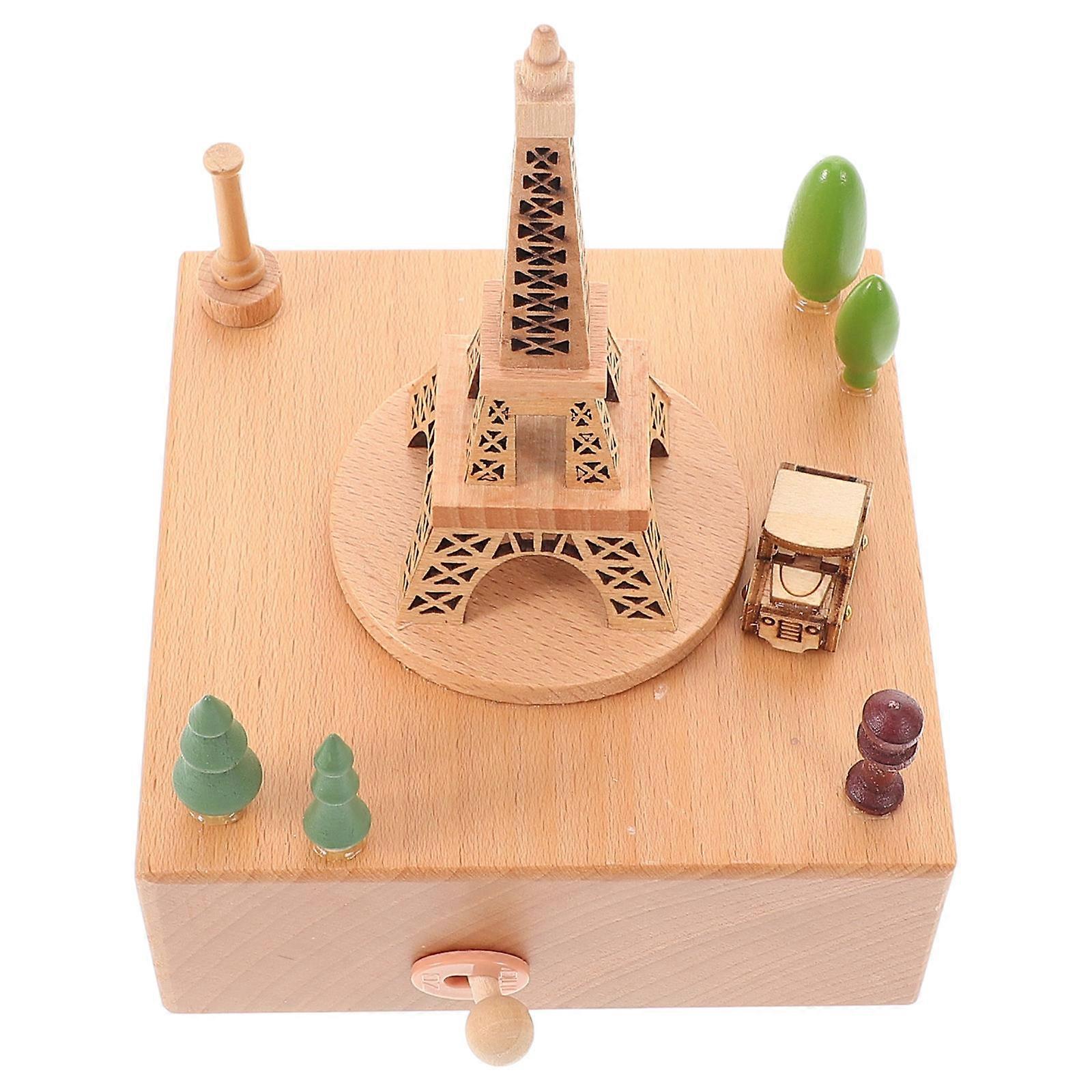 Creative Wood Music Box for Decor with Eiffel Tower Mechanical Clockwork