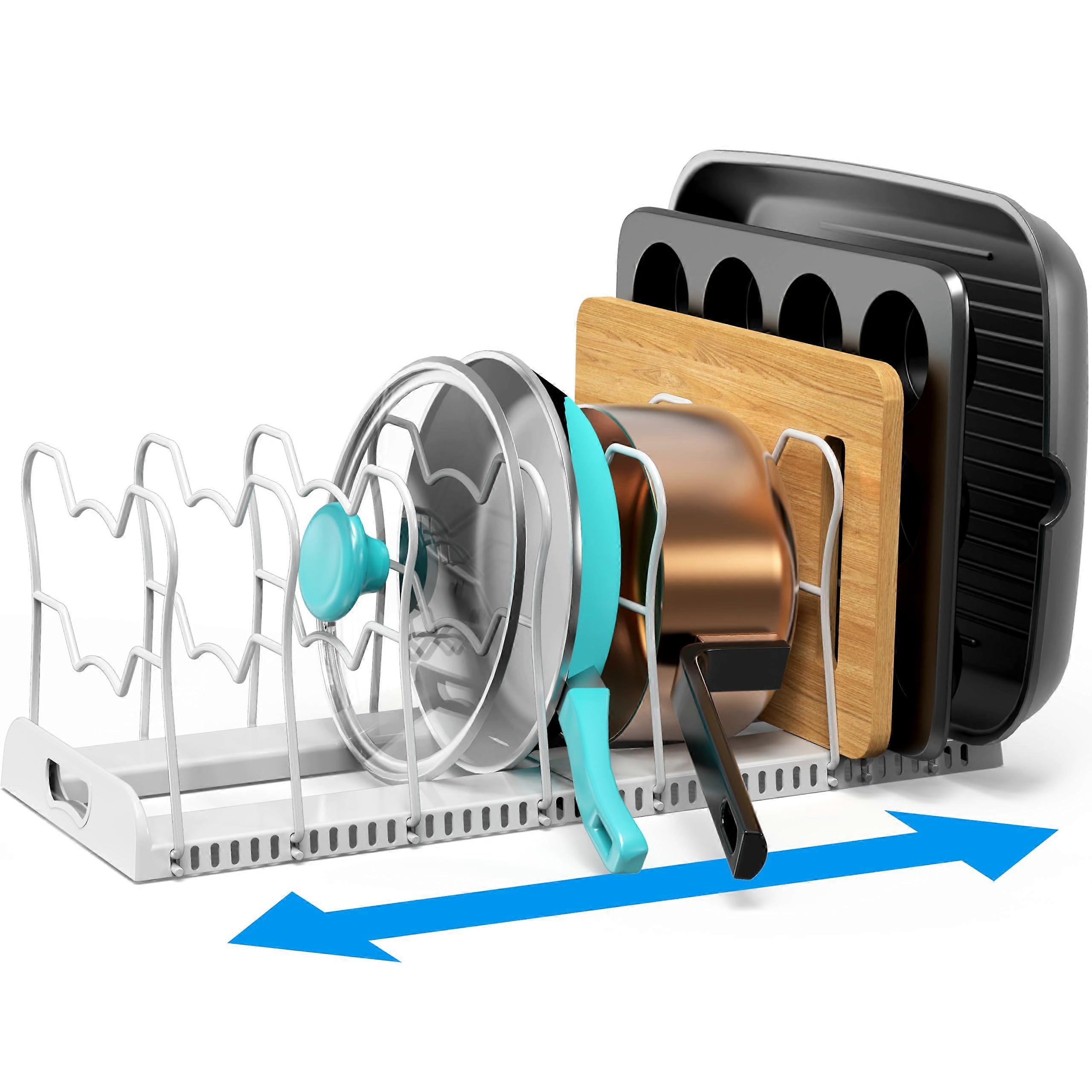 Expandable Pan Organizer Rack with 10 Adjustable Compartments, HeavyDuty Cookware Storage for Kitchen Cabinets