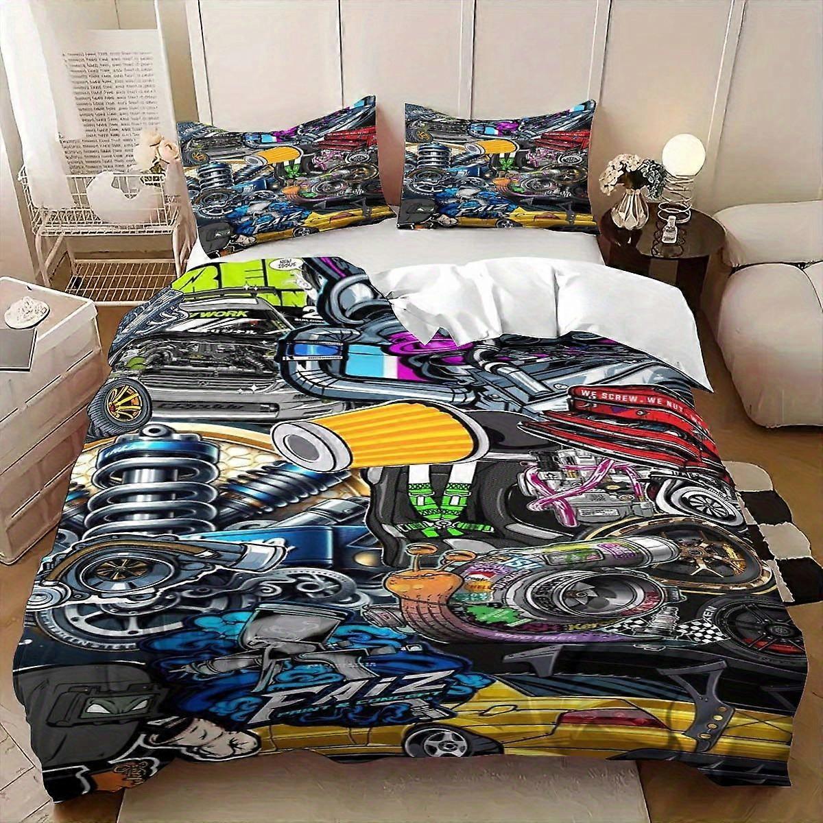 Car Modification Art Illustration Bedding Set Featuring Engine Turbo