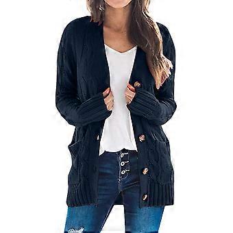 Cardigã feminino longo preto, tamanho grande, gola redonda lisa azul-marinho com mangas compridas.