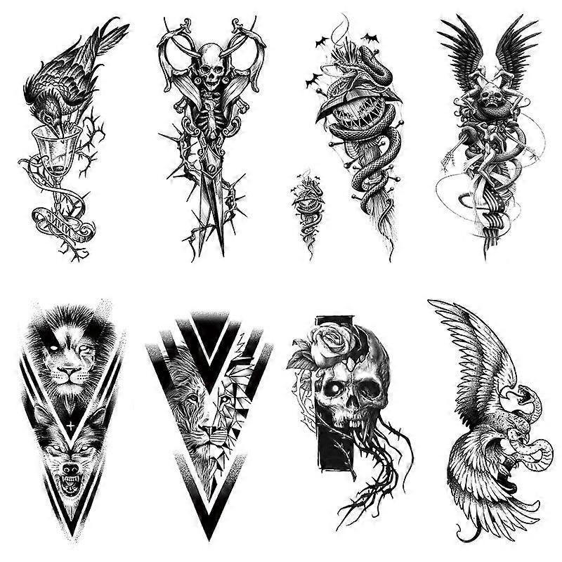 8-Piece Black Skull Eagle Snake Temporary Tattoo Stickers