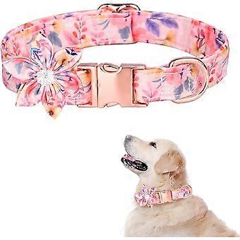 Girl Dog Collar for Small Medium Large Dogs. Cute Dog Collar with Detachable Flower Safety Metal Buckle Adjustable Floral Pattern Soft Comfy Cotton Do