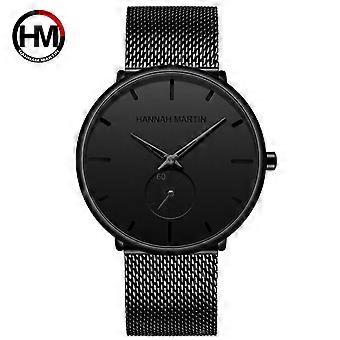 HANNAH MARTIN Horloge. Topmerk, casual, minimalistisch herenhorloge. RVS mesh band, ultra dun, zwart. Horloge voor heren.