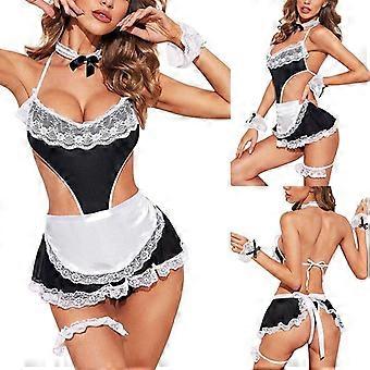 Maid Cosplay Outfit: Women's Lace Backless Lingerie Set with Mini Skirt, T-Back Panty & Apron