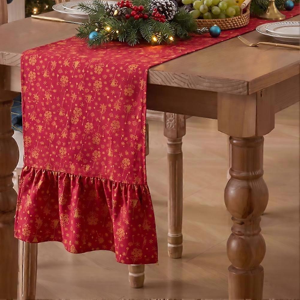 Christmas Table Runner Ruffled Both Ends Polyester Gold Bell Plaid Print Table