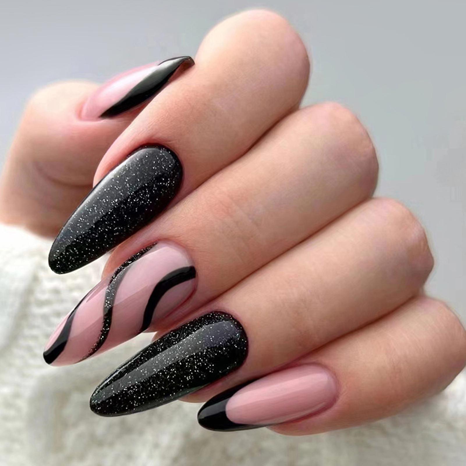 Black & Pink Wave Patterns Fake Nails Convenient & Cost-effective Manicure