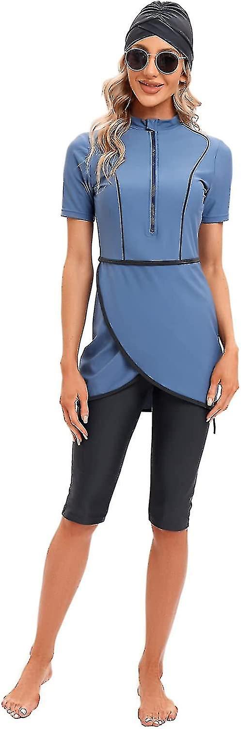 נשים צנוע בגדי ים מוסלמי מוסלמי בגד ים שרוולים קצרים רוכסן חלק עליון קדמי מכנסיים קצרים חיג'אב 3 יחידות תחפושות שחייה S-4xl