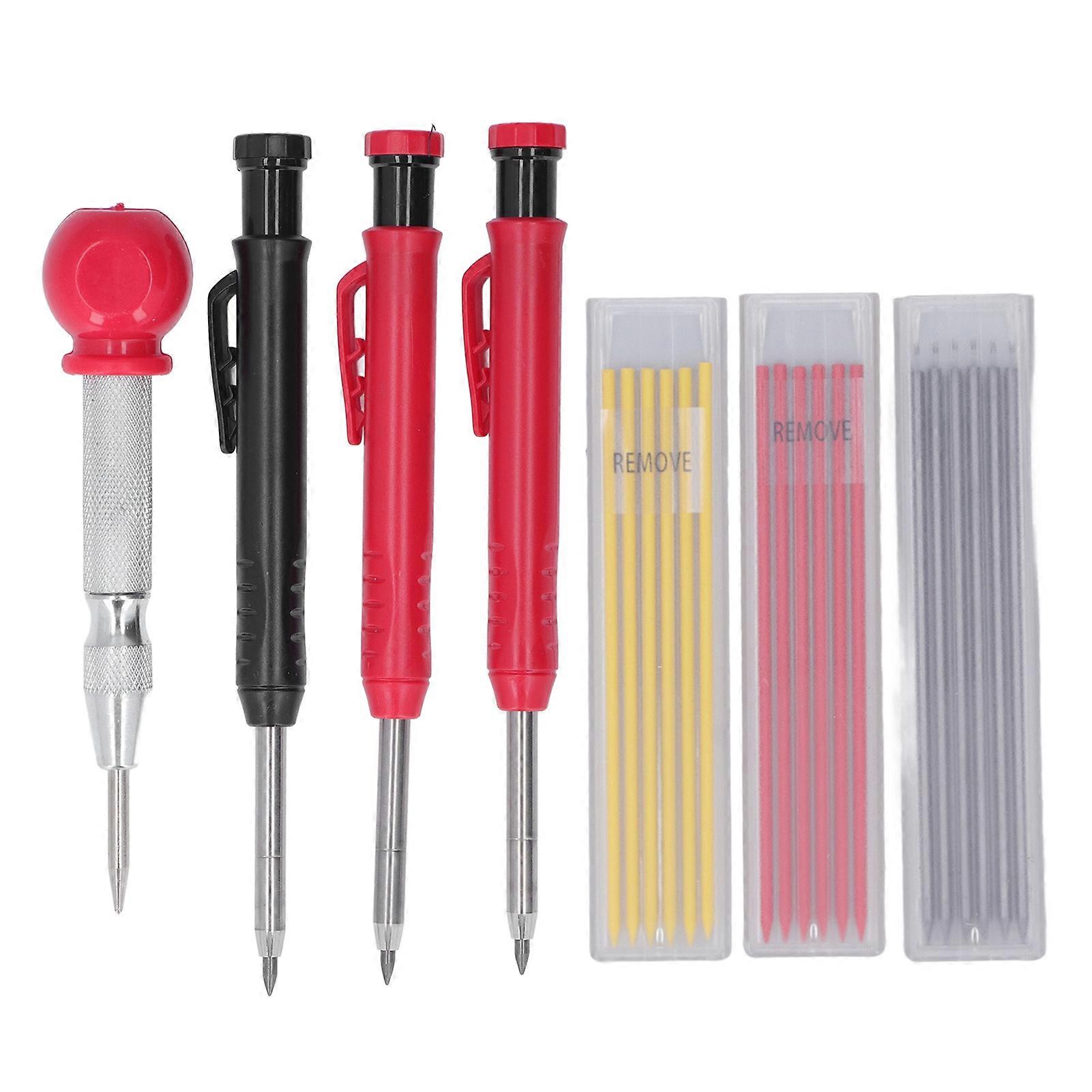 Solid Carpenter Pencil Set with Refills Center Punch Long Nosed Deep Hole Mechanical Marker