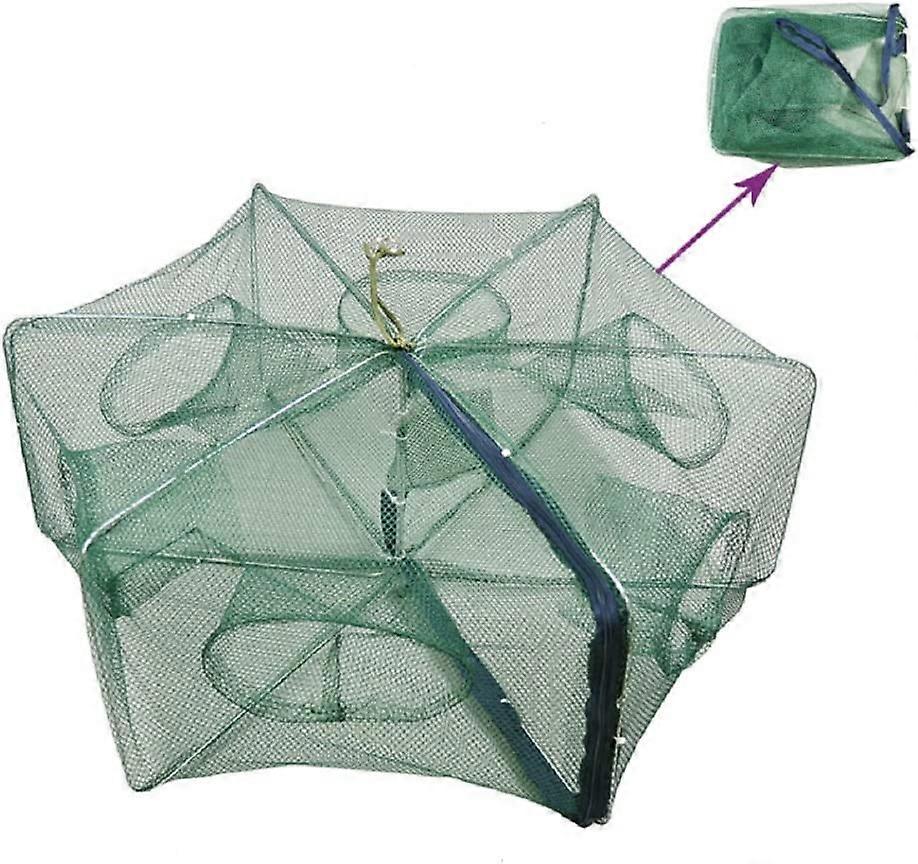Portable Folded Fishing Net Fish Shrimp Crayfish Crab Baits Cast Mesh Trap Automatic, Easy Use Hexagon 6 Hole Cage Crab Fish Shrimp