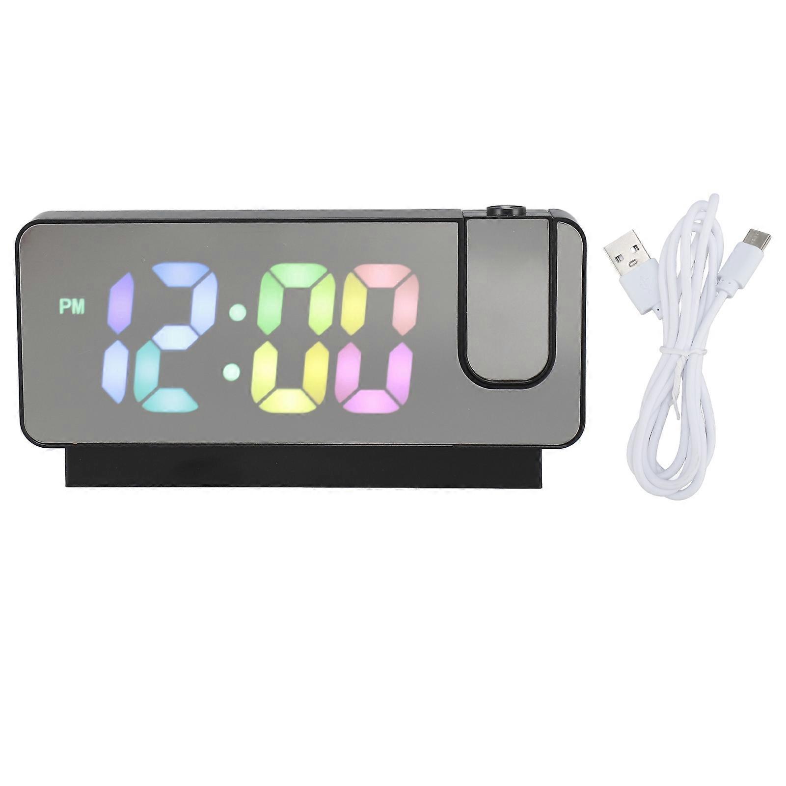 Projection Alarm Clock Adjustable Brightness Colorful Number Rechargeable 12H 24H Snooze LED Mirror Digital Clock Black Shell