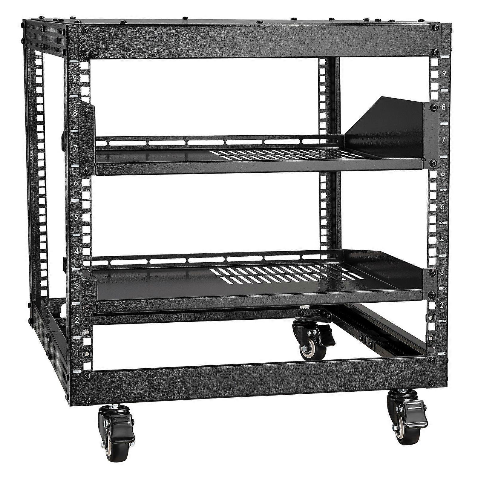 9U Open Frame Server Rack, 23''-40'' Verstelbare Diepte, Vrijstaand of Wandmontage Netwerk Server Rack met 360 Casters, Heavy Duty 4 Post