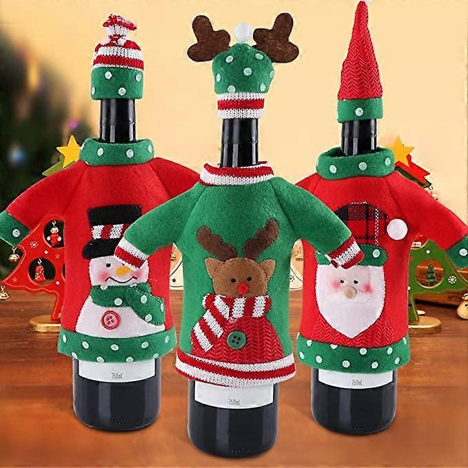 3pcs Ugly Sweater Christmas Wine Bottle Covers, Holiday Wine Bottle Sweater Cover with Hat for Ugly Christmas Sweater Party Decorations