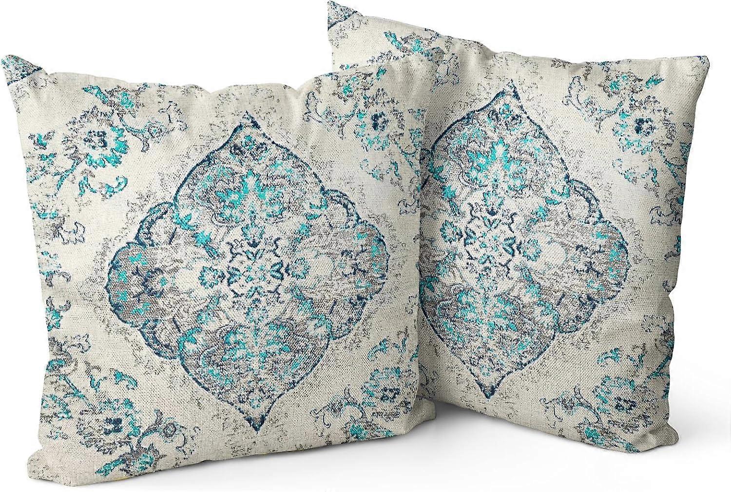 Set of 2 Boho Pillow Covers 20"x20" Blue Bohemian Carpet Double Sided Pattern Linen Pillowcases Cushion Cover for Farmhouse Couch Sofa Bed Decorative,