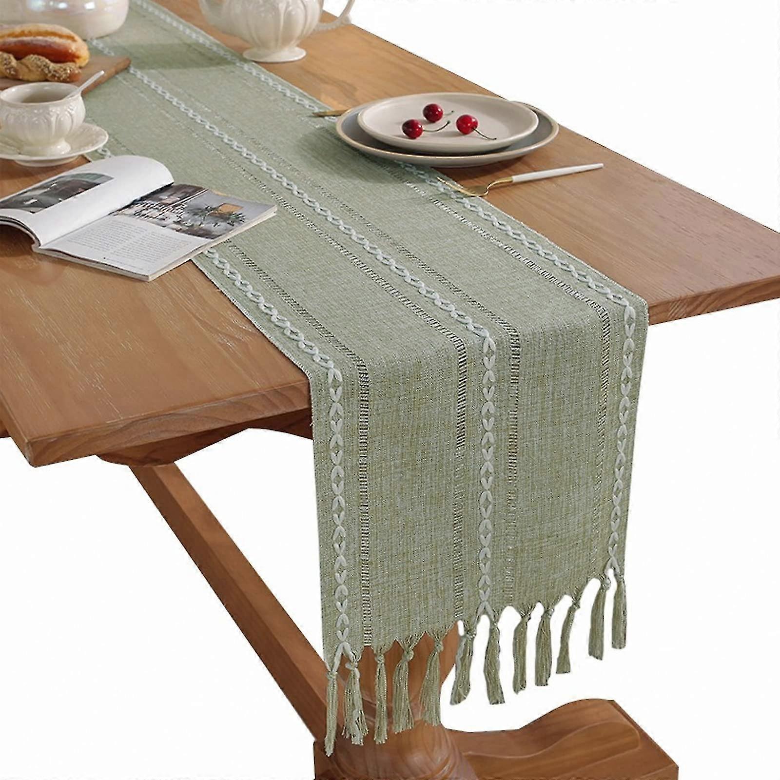 Sage Green Table Runners Weave Stripes Macrame Table Runner With Tassel Suitable For Birthday Party Wedding Table Decoration, 13 * 94 Inch/33 * 240 Cm