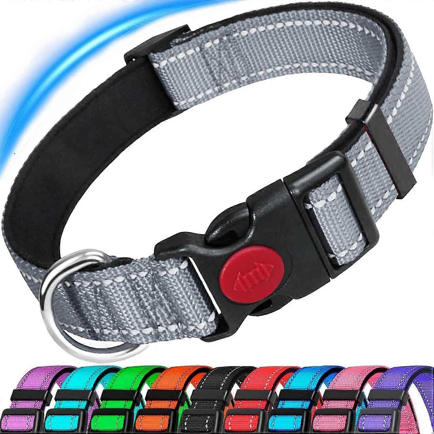 Dog Collar, Reflective Adjustable Basic with Soft Neoprene Padding, Durable Nylon Pet Collars for Puppy Small Medium Large Dogs,Grey, S:9-14.2inch