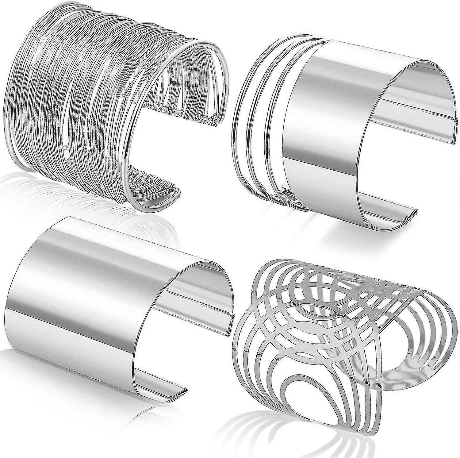 4 Pcs Cuff Bangle Bracelet For Women Open Wide Wire Bracelets Silver