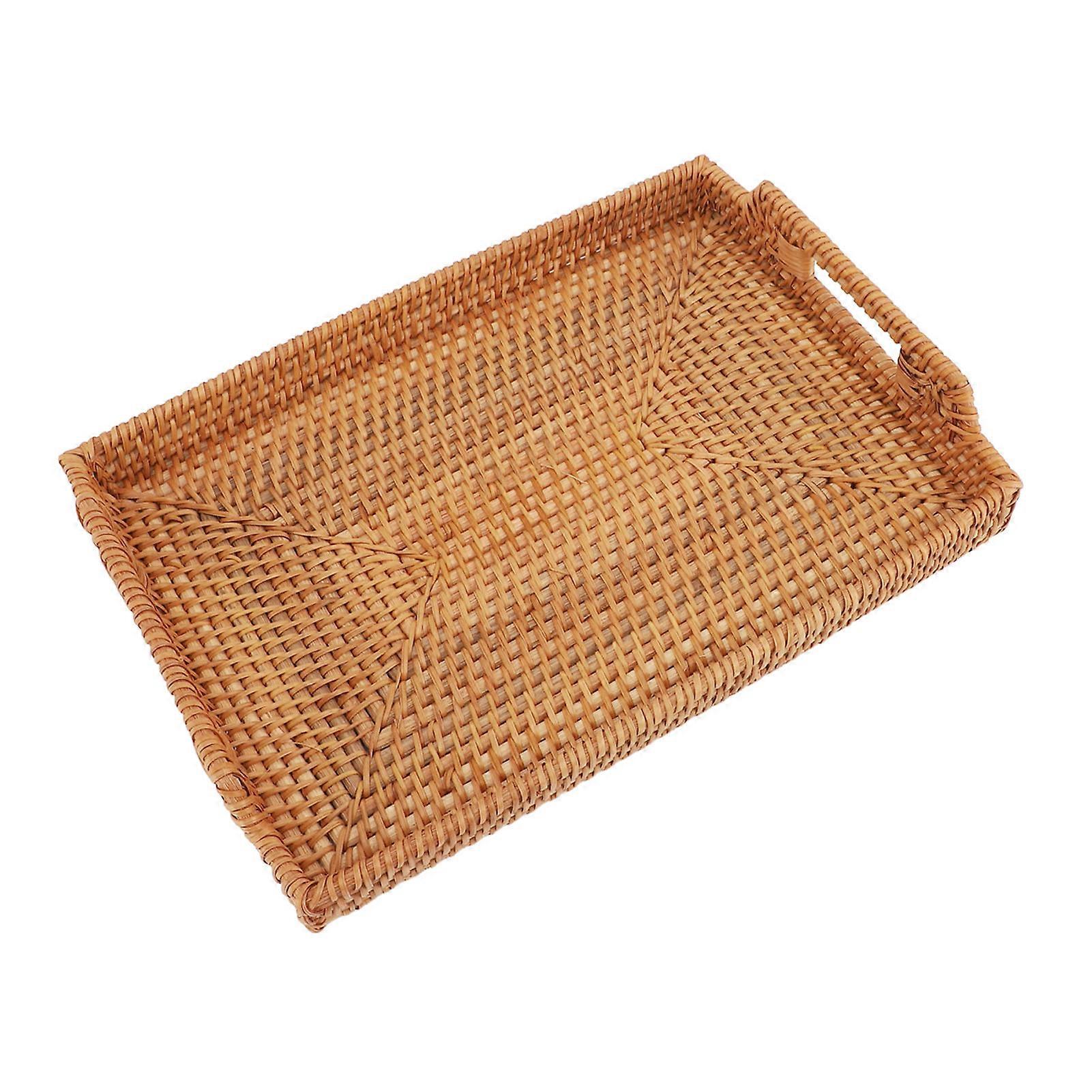 Hand Woven Rattan Rectangular Wicker Serving Tray with Handles - Breakfast Drinks Snack Dining Coffee Table
