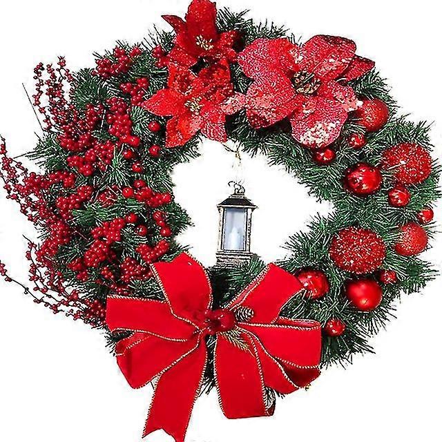 Christmas Wreath With Lamp Bow Ball Big Red Flower Navidad Party Wall Door Window Fireplace Staircase Balcony Garden Wreath 2023