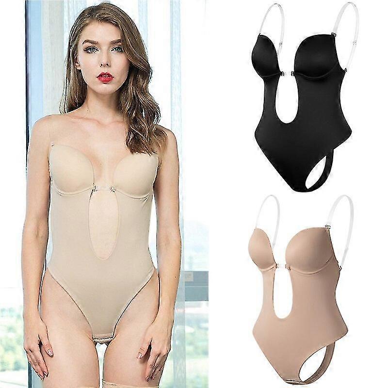 dd-Women Plunging Deep V-neck Body Shaper Strapless Backless Bodysuit Shapewear U Plunge Seamless Thong Full Bodysuits