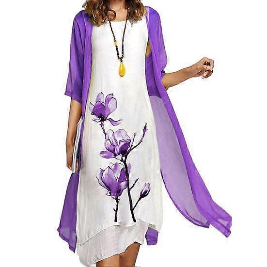 2Pcs/Set Spring Summer Women Retro Flower Print Irregular Hem Vest Dress Solid Color Half Sleeve Shawl Coat Elegant Outfit