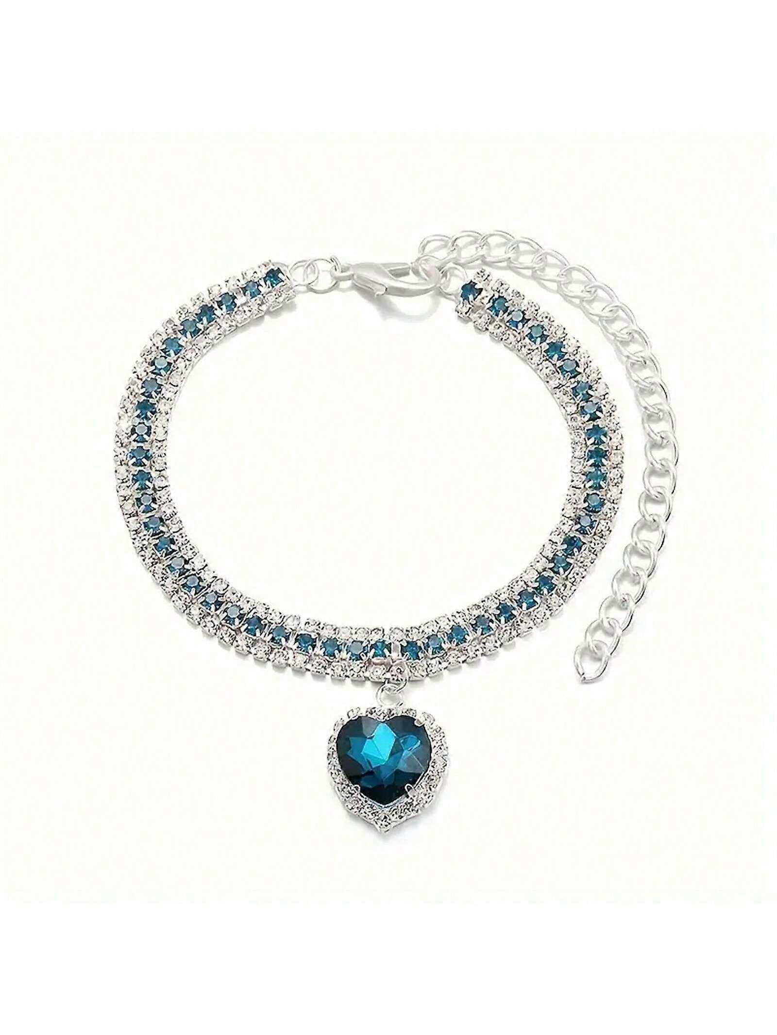 1pc Luxury Crystal Heart Pet Collar - Adjustable, Sparkling Pink & Blue Rhinestone For Cats And Dogs